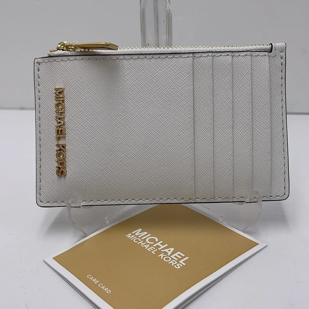 Michael Kors Jet Set Travel Medium Leather Zip Around Card Case Optic White NWT